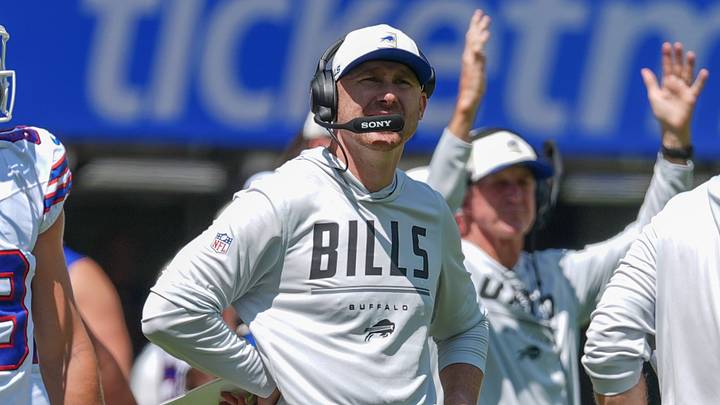 Aug 15, 2026; Orchard Park, New York, USA; Buffalo Bills head coach Joe Brady during the first half aginst the Carolina Panthers at New Highmark Stadium. Aug 15, 2026; Orchard Park, New York, USA; Buffalo Bills head coach Joe Brady during the first half aginst the Carolina Panthers at New Highmark Stadium.