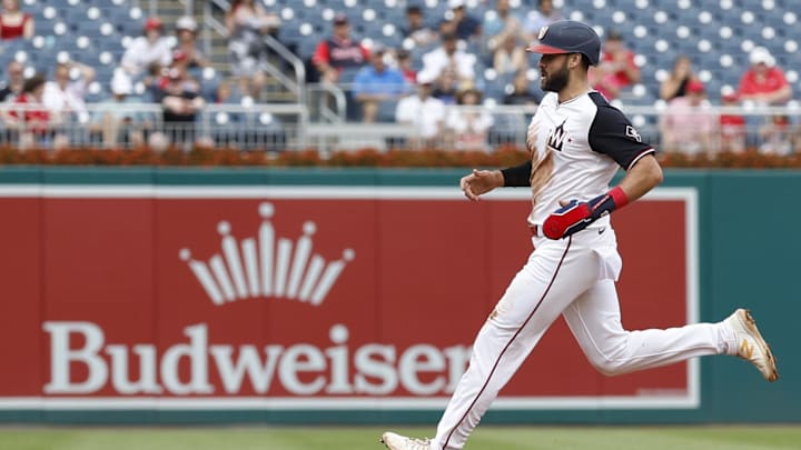 Aug 22, 2024; Washington, District of Columbia, USA; Washington Nationals first baseman Joey Gallo (24) advances to third base on a single by Nationals outfielder Alex Call (not pictured) against the Colorado Rockies during the third inning at Nationals Park. Mandatory Credit: Geoff Burke-Imagn Images