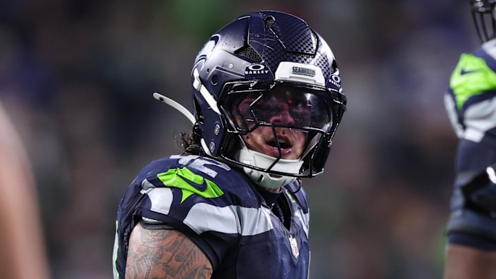 Oct 20, 2025; Seattle, Washington, USA; Seattle Seahawks linebacker Drake Thomas (42) reacts after a play during the fourth quarter against the Houston Texans at Lumen Field.