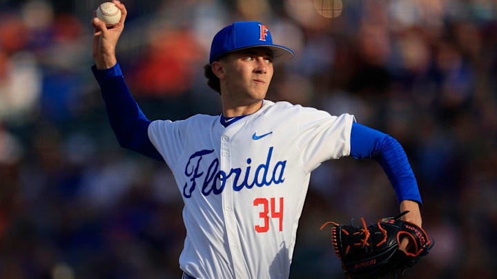Florida pitcher Alex Philpott (34) pitches during the first inning of an NCAA baseball matchup at 121 Financial Ballpark in Jacksonville, Fla. Florida State defeated Florida 14-3.