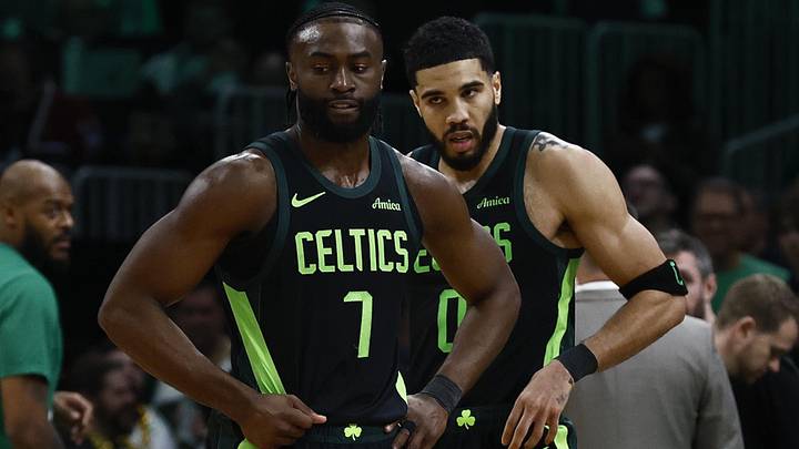 Feb 28, 2025; Boston, Massachusetts, USA; Boston Celtics guard Jaylen Brown (7) and forward Jayson Tatum (0) stand on the court during a timeout during the second half of their loss to the Cleveland Cavaliers at TD Garden. Mandatory Credit: Winslow Townson-Imagn Images Feb 28, 2025; Boston, Massachusetts, USA; Boston Celtics guard Jaylen Brown (7) and forward Jayson Tatum (0) stand on the court during a timeout during the second half of their loss to the Cleveland Cavaliers at TD Garden. Mandatory Credit: Winslow Townson-Imagn Images