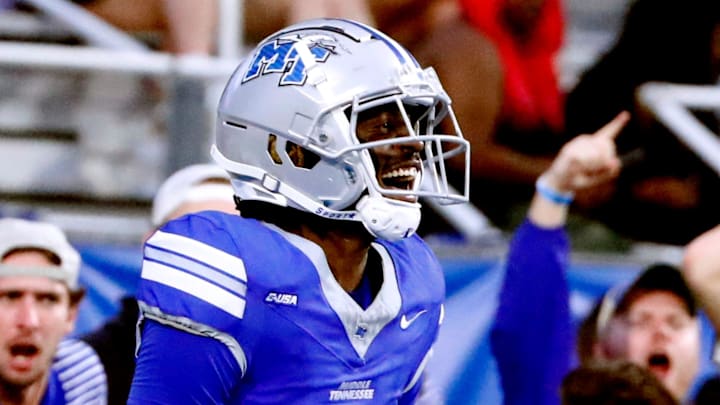 Middle Tennessee wide receiver Omari Kelly (1) catches a pass celebrates catching a long pass during the rivalry football game against Western Kentucky at MTSU, on Saturday, Sept. 14, 2024.