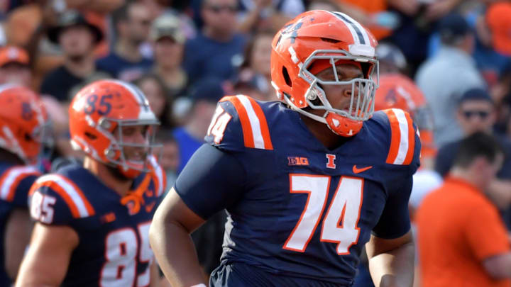 Oct 12, 2024; Champaign, Illinois, USA; Illinois Fighting Illini offensive lineman J.C. Davis (74) in the first half against the Purdue Boilermakers at Memorial Stadium. Mandatory Credit: Ron Johnson-Imagn Images Oct 12, 2024; Champaign, Illinois, USA; Illinois Fighting Illini offensive lineman J.C. Davis (74) in the first half against the Purdue Boilermakers at Memorial Stadium. Mandatory Credit: Ron Johnson-Imagn Images