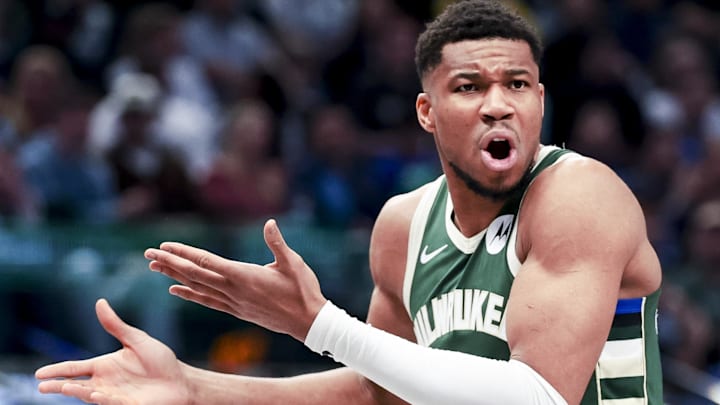 Mar 1, 2025; Dallas, Texas, USA;  Milwaukee Bucks forward Giannis Antetokounmpo (34) reacts against the Dallas Mavericks during the first half at American Airlines Center. Mandatory Credit: Kevin Jairaj-Imagn Images