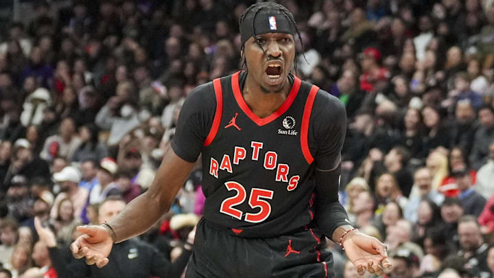 Feb 21, 2025; Toronto, Ontario, CAN; Toronto Raptors forward Chris Boucher (25) reacts during a NBA game against the Miami Heat at Scotiabank Arena. Mandatory Credit: Kevin Sousa-Imagn Images