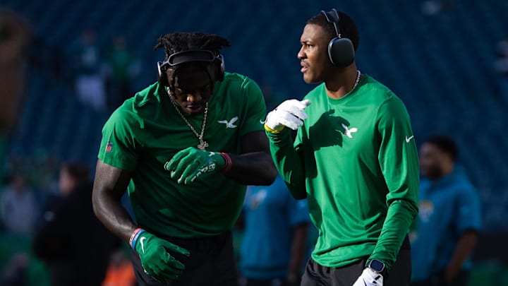 Philadelphia Eagles wide receivers A.J. Brown (L) and  DeVonta Smith (R) warm up before action against the Jacksonville Jaguars at Lincoln Financial Field. 