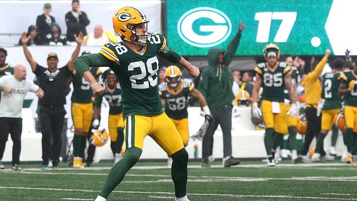 Green Bay Packers kicker Trey Smack (28) celebrates after kicking a 26-yard gaming winning field goal during overtime against the New York Jets at MetLife Stadium. Green Bay Packers kicker Trey Smack (28) celebrates after kicking a 26-yard gaming winning field goal during overtime against the New York Jets at MetLife Stadium.