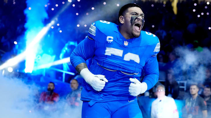 Detroit Lions offensive tackle Penei Sewell (58) is announced before the start of the game against the Washington Commanders in the NFC divisional round at Ford Field in Detroit on Saturday, Jan. 18, 2025.