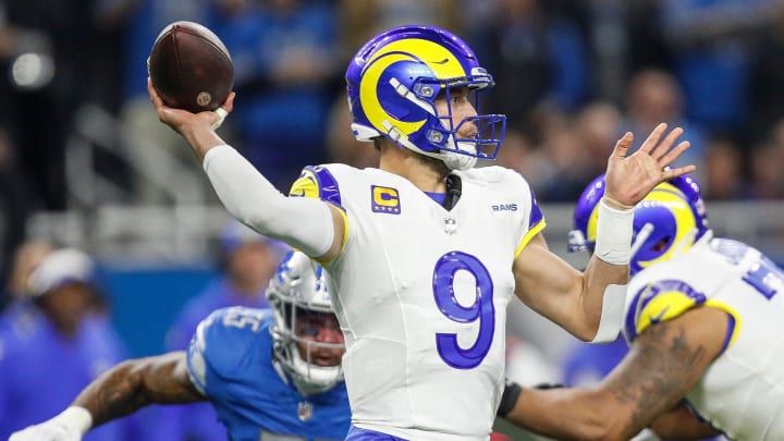 L.A. Rams quarterback Matthew Stafford passes against the Detroit Lions during the first half of the NFC wild-card game at Ford Field in Detroit on Sunday, Jan, 14, 2024. L.A. Rams quarterback Matthew Stafford passes against the Detroit Lions during the first half of the NFC wild-card game at Ford Field in Detroit on Sunday, Jan, 14, 2024.