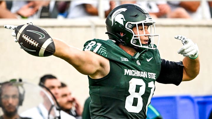 Michigan State's Michael Masunas celebrates a first down after a catch against Florida Atlantic during the first quarter on Friday, Aug. 30, 2024, at Spartan Stadium in East Lansing.