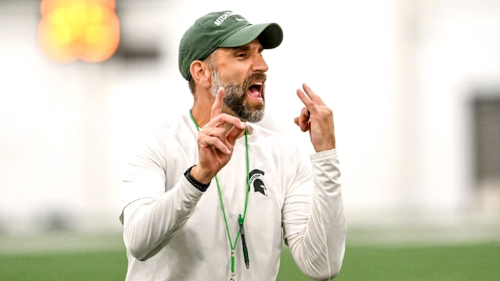 Michigan State's defensive coordinator Joe Rossi gives instructions while working with linebackers during camp on Monday, Aug. 5, 2024, at the indoor practice facility in East Lansing.