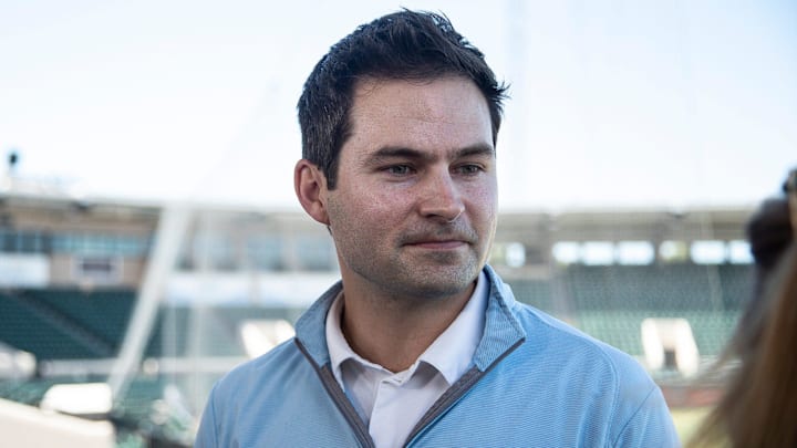 Detroit Tigers president of baseball operations Scott Harris speaks to media members during spring training at Joker Marchant Stadium in Lakeland, Fla. on Wednesday, Feb. 14, 2024.
