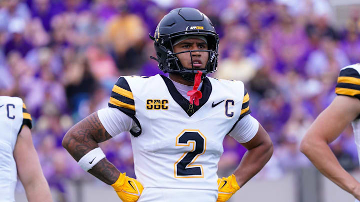 Sep 14, 2024; Greenville, North Carolina, USA;  Appalachian State Mountaineers wide receiver Kaedin Robinson (2) looks on against the East Carolina Pirates during the first half at Dowdy-Ficklen Stadium. Mandatory Credit: James Guillory-Imagn Images