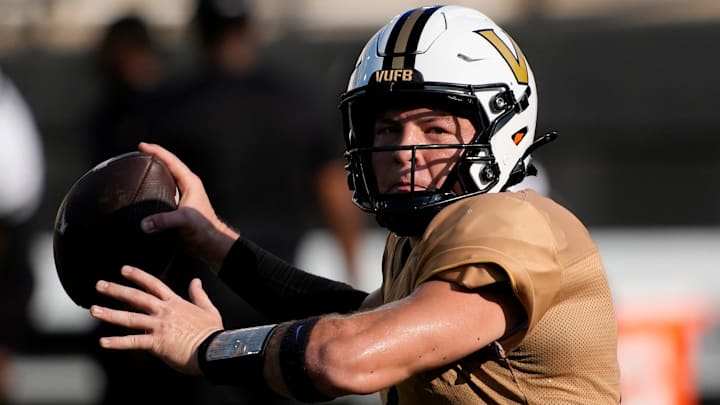 Vanderbilt quarterback Diego Pavia (2) passes during practice at FirstBank Stadium Thursday, Aug. 7, 2025, in Nashville, Tenn.