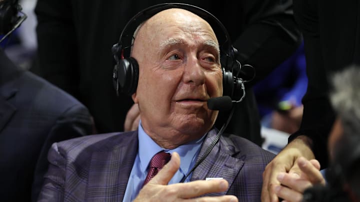 Legendary broadcaster Dick Vitale greets the rest of the broadcasting table during the first half of an NCAA Mens basketball game at Steven C. O'Connell Center Exactek arena in Gainesville, FL on Sunday, February 1, 2026. [Alan Youngblood/Gainesville Sun]