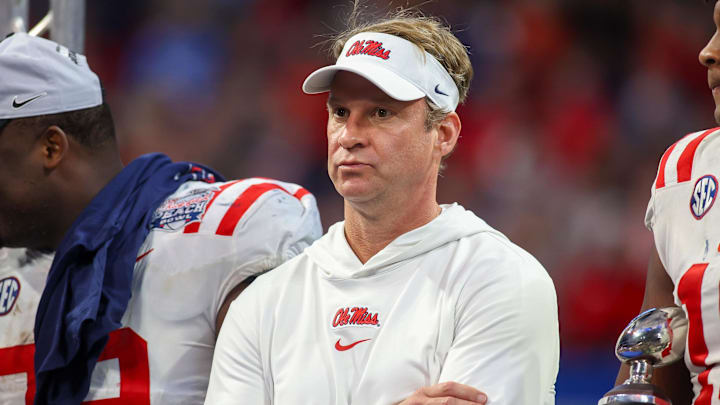 Dec 30, 2023; Atlanta, GA, USA; Mississippi Rebels head coach Lane Kiffin after a victory against