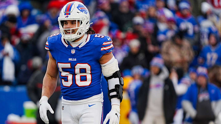 Buffalo Bills linebacker Matt Milano (58) smiles after making a tackle during the second half of the Buffalo Bills wild card game against the Denver Broncos.