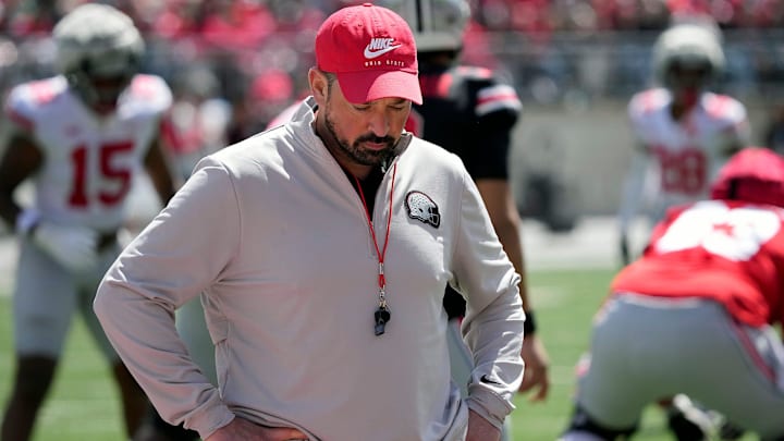 Ohio State Buckeye head coach Ryan Day looks away from the field of play after a dropped pass in the 2nd half during the spring game at Ohio Stadium on April 12, 2025.