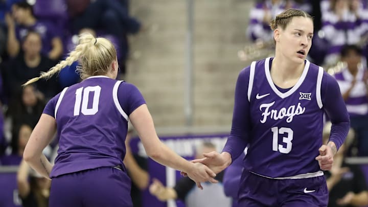 TCU's Sedona Prince and Hailey Van Lith during the win over Baylor on Sunday. The Horned Frogs remain in the top spot in this week's Big 12 Women's Basketball Power Rankings. 