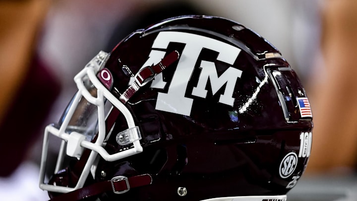 Sep 4, 2021;  College Station, Texas, USA;  Texas A&M Aggies helmet on the sideline of the game