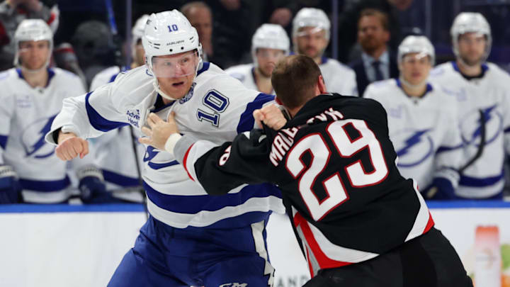 Sunday’s Lightning-Sabres game featured 15 goals, 102 penalty minutes and seven fights. 