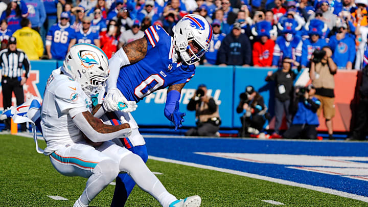 Miami's Jalen Ramsey intercepts a pass intended for Bills Keon Coleman during first half action at Highmark Stadium on Nov. 3, 2024.