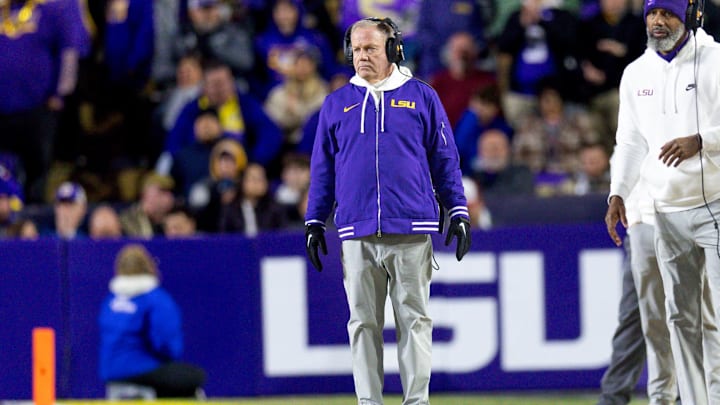 Nov 30, 2024; Baton Rouge, Louisiana, USA;  LSU Tigers head coach Brian Kelly looks on against the Oklahoma Sooners during the fourth quarter at Tiger Stadium. Mandatory Credit: Stephen Lew-Imagn Images