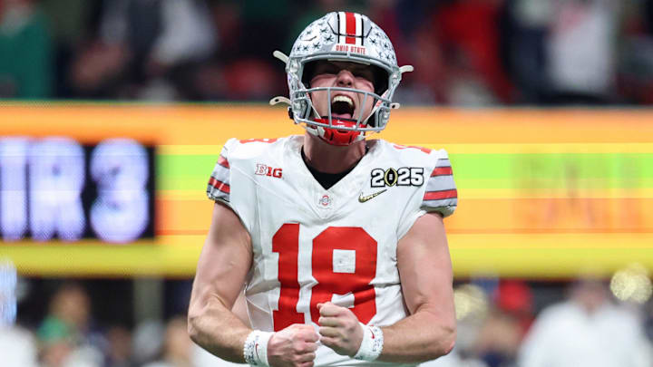 Jan 20, 2025; Atlanta, GA, USA; Ohio State Buckeyes quarterback Will Howard (18) reacts after a play against the Notre Dame Fighting Irish during the second half the CFP National Championship college football game at Mercedes-Benz Stadium. Mandatory Credit: Mark J. Rebilas-Imagn Images