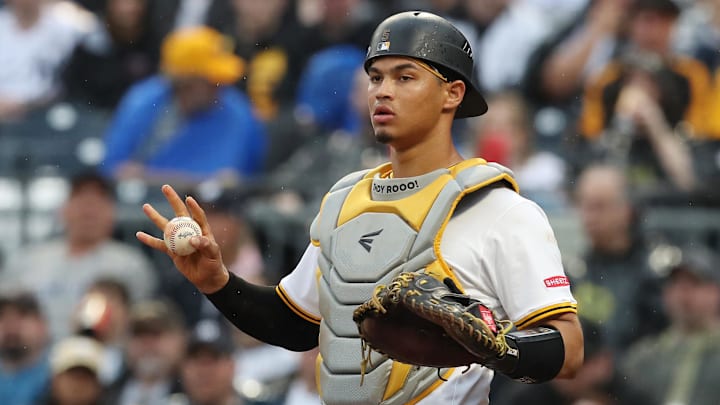 Apr 5, 2025; Pittsburgh, Pennsylvania, USA;  Pittsburgh Pirates catcher Endy Rodriguez (5) asks for time-out against the New York Yankees during the fifth inning at PNC Park. Mandatory Credit: Charles LeClaire-Imagn Images