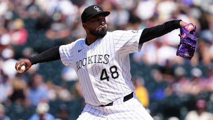 May 22, 2025; Denver, Colorado, USA; Colorado Rockies starting pitcher German Marquez (48) delivers a pitch in the sixth inning against the Philadelphia Phillies at Coors Field. 