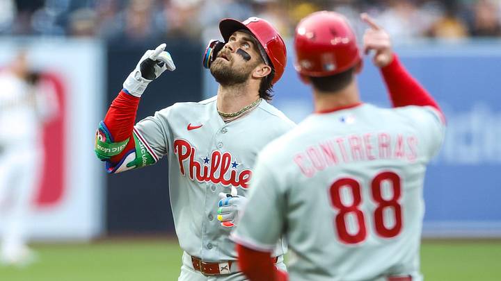 May 26, 2026; San Diego, California, USA; Philadelphia Phillies first baseman Bryce Harper (3) celebrates after hitting a home run during the first inning against the San Diego Padres at Petco Park. Mandatory Credit: David Frerker-Imagn Images