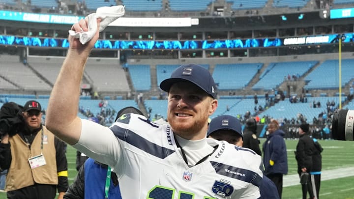 Dec 28, 2025; Charlotte, North Carolina, USA; Seattle Seahawks quarterback Sam Darnold (14) reacts after the game at Bank of America Stadium. Mandatory Credit: Bob Donnan-Imagn Images Dec 28, 2025; Charlotte, North Carolina, USA; Seattle Seahawks quarterback Sam Darnold (14) reacts after the game at Bank of America Stadium. Mandatory Credit: Bob Donnan-Imagn Images