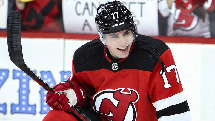 New Jersey Devils defenseman Simon Nemec (17) warms up before a game against the Calgary Flames at Prudential Center. Mandatory Credit: John Jones-Imagn Images New Jersey Devils defenseman Simon Nemec (17) warms up before a game against the Calgary Flames at Prudential Center. Mandatory Credit: John Jones-Imagn Images