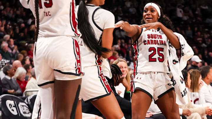 South Carolina Gamecocks guard Raven Johnson celebrates a play against the Texas A&M Aggies.