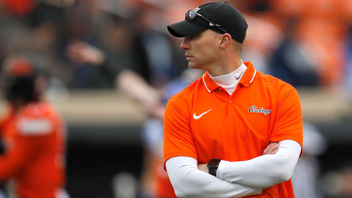 Oklahoma State defensive coordinator Bryan Nardo before the college football game between the Oklahoma State University Cowboys and the Brigham Young Cougars at Boone Pickens Stadium in Stillwater, Okla., Saturday, Nov. 25, 2023. Oklahoma State defensive coordinator Bryan Nardo before the college football game between the Oklahoma State University Cowboys and the Brigham Young Cougars at Boone Pickens Stadium in Stillwater, Okla., Saturday, Nov. 25, 2023.