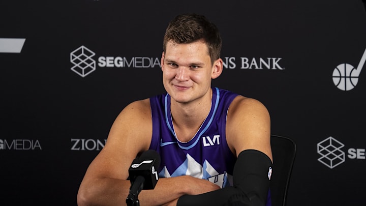 Sep 30, 2024; Salt Lake City, USA; Utah Jazz center Walker Kessler (24) talks to the media during media day at Zions Bank Basketball Campus. Mandatory Credit: Utah Jazz via Imagn Images