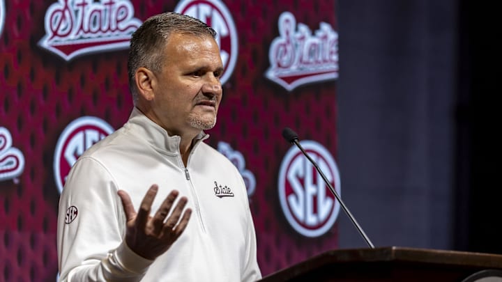 Oct 15, 2024; Birmingham, AL, USA; Mississippi State Bulldogs head coach Chris Jans talks with the media during SEC Media Days at Grand Bohemian Hotel. Mandatory Credit: Vasha Hunt-Imagn Images