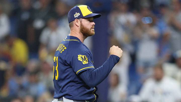 Oct 26, 2026; St. Petersburg, Florida, USA;  Milwaukee Brewers pitcher Brandon Woodruff (53) celebrates after defeating the Tampa Bay Rays in game three of the 2026 World Series at Tropicana Field.  Mandatory Credit: Nathan Ray Seebeck-Imagn Images