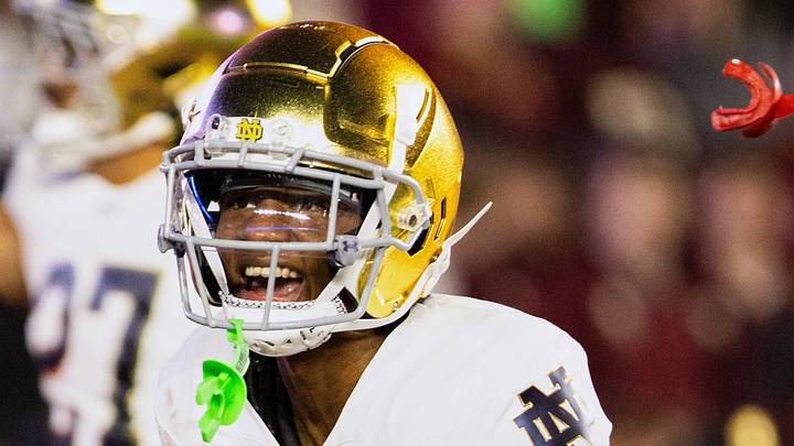 Nov 1, 2025; Chestnut Hill, Massachusetts, USA; Notre Dame safety Tae Johnson (9) reacts after intercepting a pass in the fourth quarter against the Boston College Eagles at Alumni Stadium. Mandatory Credit: Edward Finan-Imagn Images