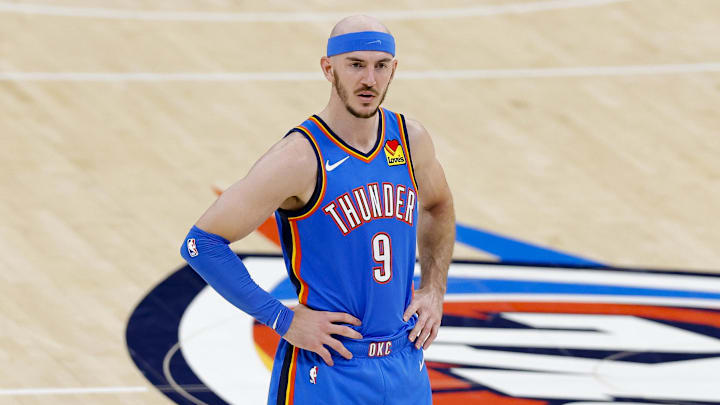 Jun 8, 2025; Oklahoma City, Oklahoma, USA; Oklahoma City Thunder guard Alex Caruso (9) looks on during the third quarter against the Indiana Pacers in game two of the 2025 NBA Finals at Paycom Center. Mandatory Credit: Alonzo Adams-Imagn Images