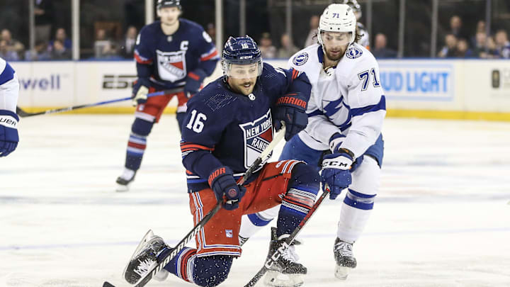 Feb 7, 2024; New York, New York, USA; New York Rangers center Vincent Trocheck (16) and Tampa Bay