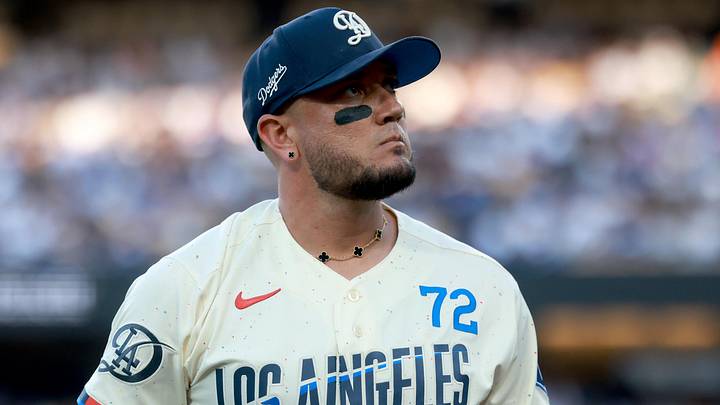 Jun 20, 2026; Los Angeles, California, USA; Los Angeles Dodgers shortstop Miguel Rojas (72) during the first inning against the Baltimore Orioles at Dodger Stadium. Mandatory Credit: William Navarro-Imagn Images