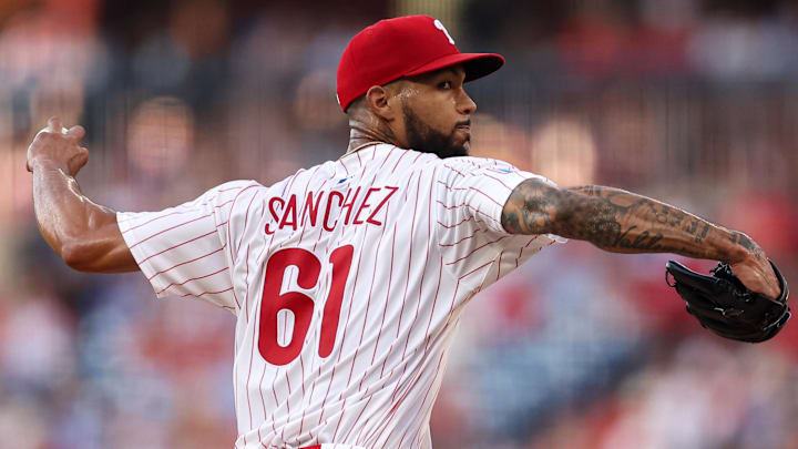 Jul 2, 2025; Philadelphia, Pennsylvania, USA; Philadelphia Phillies pitcher Cristopher Sanchez (61) throws a pitch against the San Diego Padres during the fourth inning at Citizens Bank Park. Mandatory Credit: Bill Streicher-Imagn Images