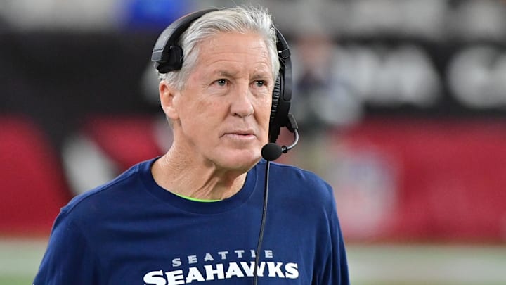 Jan 7, 2024; Glendale, Arizona, USA; Seattle Seahawks head coach Pete Carroll looks on in the second half against the Arizona Cardinals at State Farm Stadium. Mandatory Credit: Matt Kartozian-Imagn Images