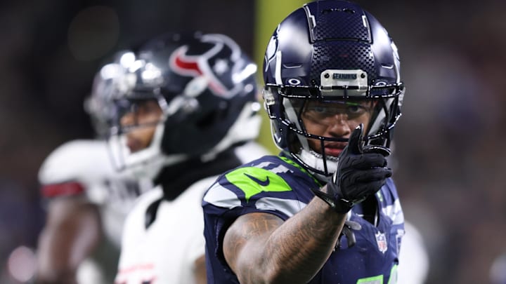Oct 20, 2025; Seattle, Washington, USA; Seattle Seahawks wide receiver Jaxon Smith-Njigba (11) celebrates after a first down during the third quarter against the Houston Texans at Lumen Field. Oct 20, 2025; Seattle, Washington, USA; Seattle Seahawks wide receiver Jaxon Smith-Njigba (11) celebrates after a first down during the third quarter against the Houston Texans at Lumen Field.