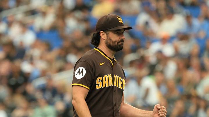 St. Petersburg, Florida, USA;  San Diego Padres pitcher Robbie Ray (38) pumps his fist at the end of the fifth inning against the Tampa Bay Rays at Tropicana Field.  Mandatory Credit: Kim Klement Neitzel-Imagn Images