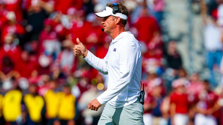 Oct 25, 2025; Norman, Oklahoma, USA;  Ole Miss Rebels head coach Lane Kiffin reacts during the second half against the Oklahoma Sooners at Gaylord Family-Oklahoma Memorial Stadium. Mandatory Credit: Kevin Jairaj-Imagn Images