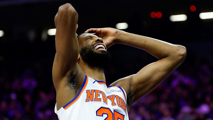 Jan 14, 2026; Sacramento, California, USA; New York Knicks guard Mikal Bridges (25) reacts after getting called for a foul during the third quarter against the Sacramento Kings at Golden 1 Center. Mandatory Credit: Sergio Estrada-Imagn Images