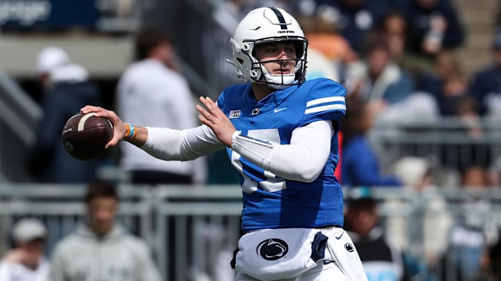 Penn State Nittany Lions quarterback Ethan Grunkemeyer throws a pass during 2024 Blue-White Game at Beaver Stadium. Penn State Nittany Lions quarterback Ethan Grunkemeyer throws a pass during 2024 Blue-White Game at Beaver Stadium.