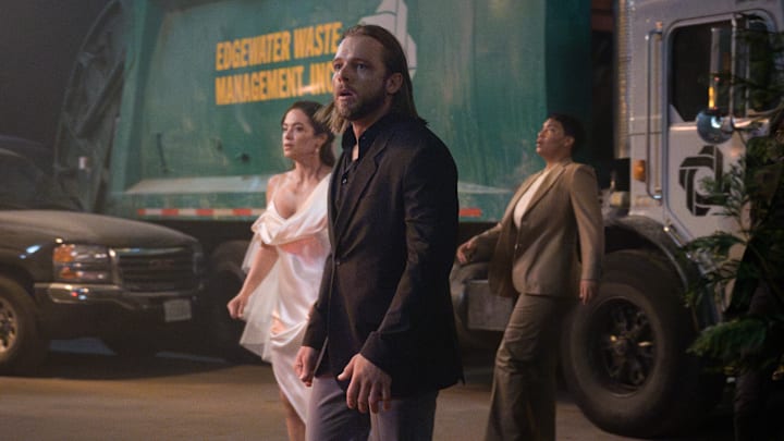 “What the Bride Said” – In the midst of Gabriela and Diego’s wedding, a helicopter crash ignites chaos and the team immediately jumps into action to stop fires and help victims, on the third season premiere of FIRE COUNTRY, Friday, Oct. 18 (9:00-10:00 PM, ET/PT) on the CBS Television Network, and streaming on Paramount+. Pictured (L-R): Stephanie Arcila as Gabriela Perez, Max Thieriot as Bode Leone, and Jules Latimer as Eve Edwards. Photo: Eric Milner/CBS ©2024 CBS Broadcasting, Inc. All Rights